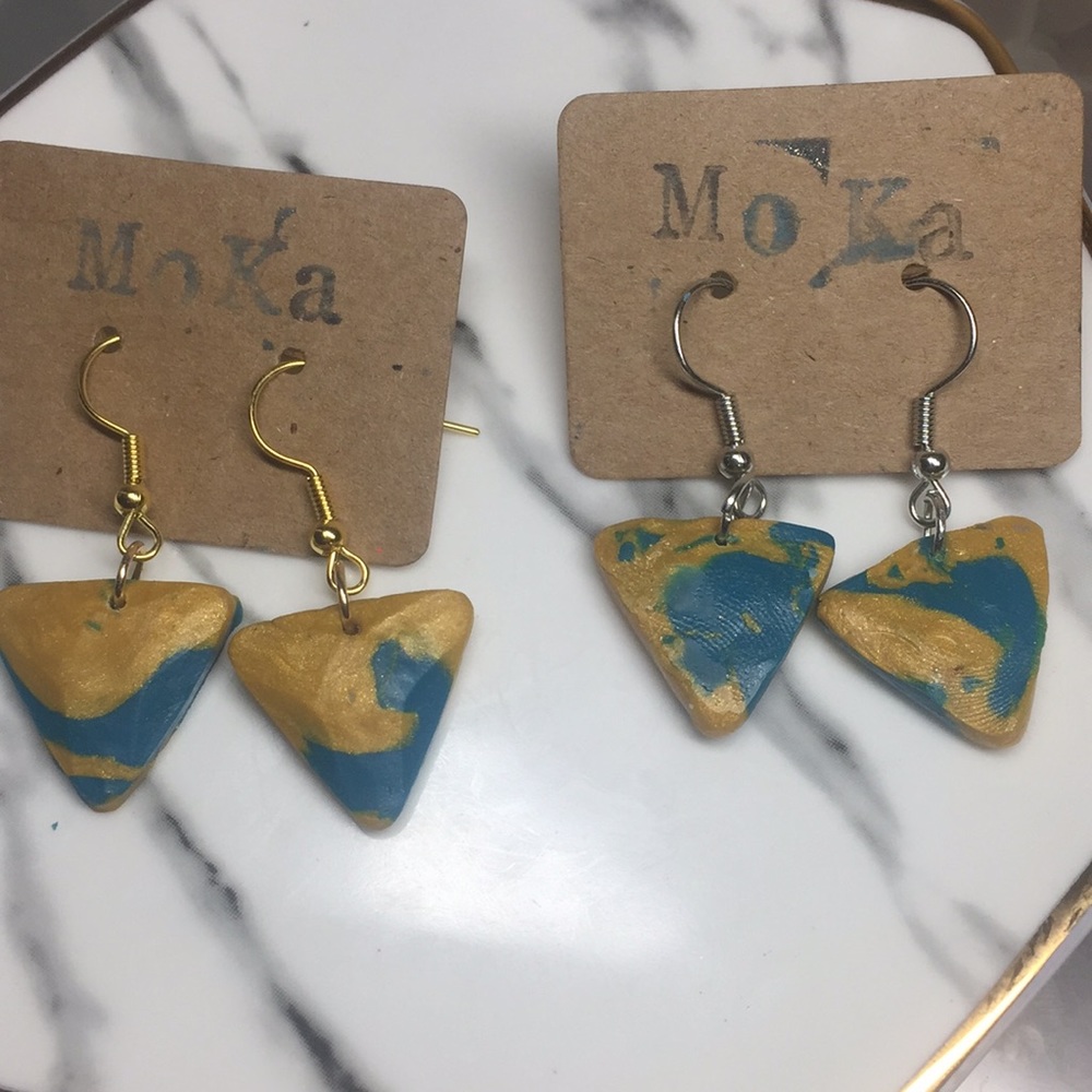 Handmade Polymer Clay Earrings Gold/Blue Triangle